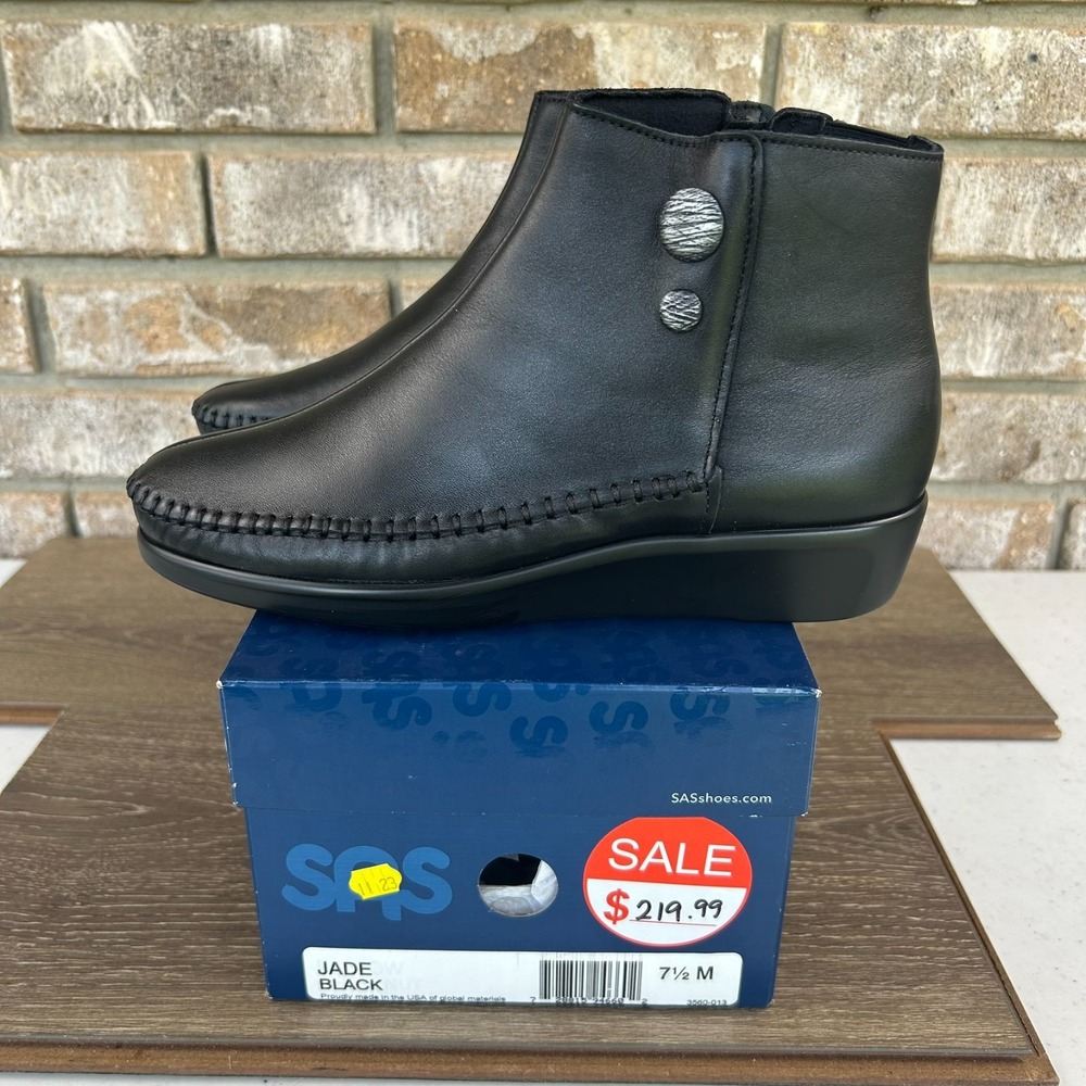 SAS Jade Ankle Side Zip Boot Womens 7.5M Black 1.5" Heel Comfort NEW